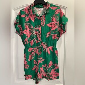 Jolie & Joy XL shorts Romper colorful pink green floral buttons tie waist